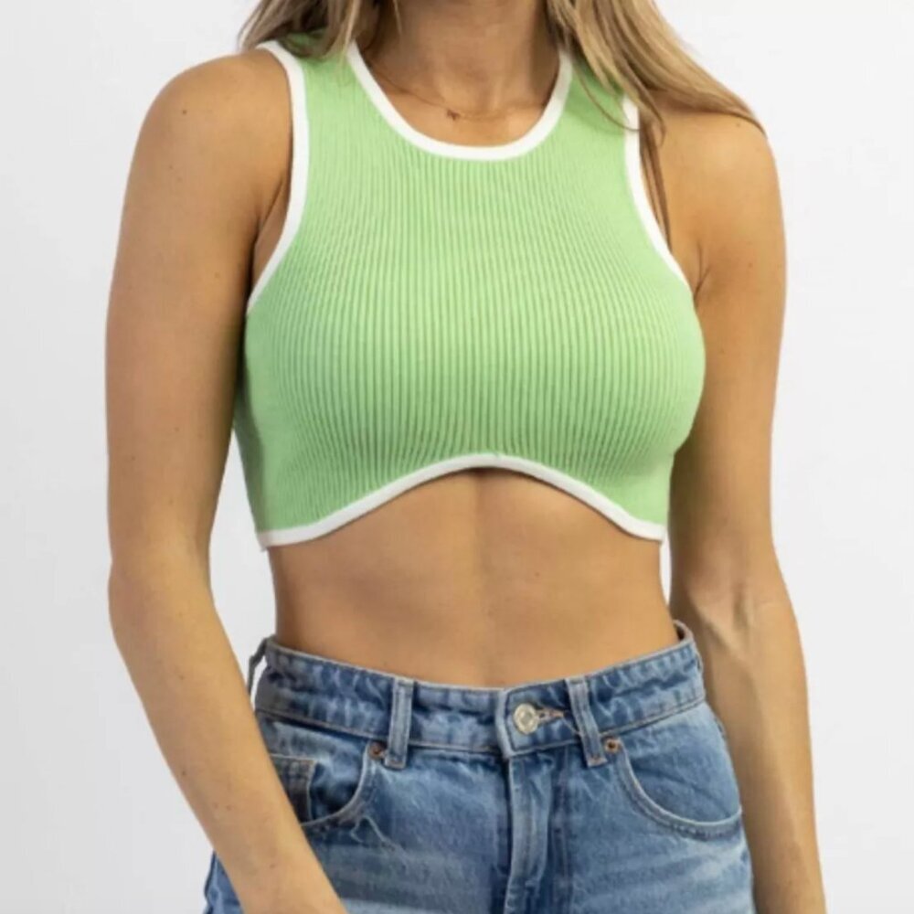Summer Sale ☀️ Brooklyn Karma Ribbed Contrast Trim Crop Tank Green Size L